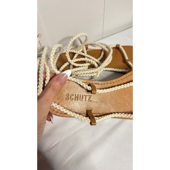 $138 NWT SCHUTZ Giorgia Tan Leather Rope Tie Ankle Wrap Flat Sandals Women US 6 - Picture 5 of 6